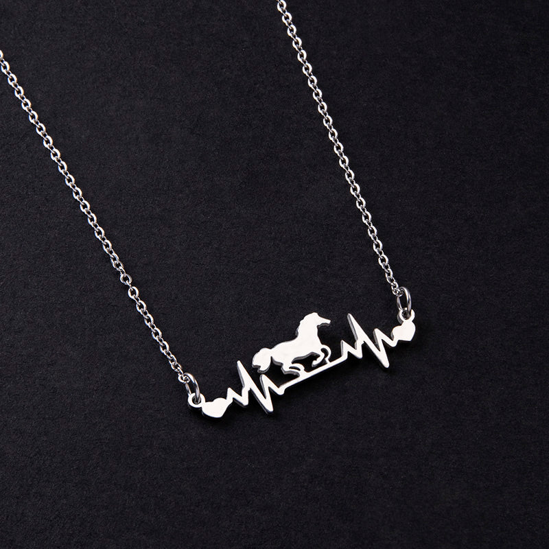 Stainless Steel ECG Heartbeat Running Horse Necklace