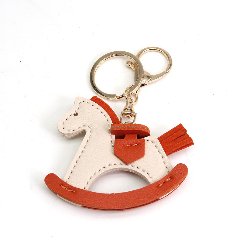 Leather Shake Small Wooden Horse Key Chain