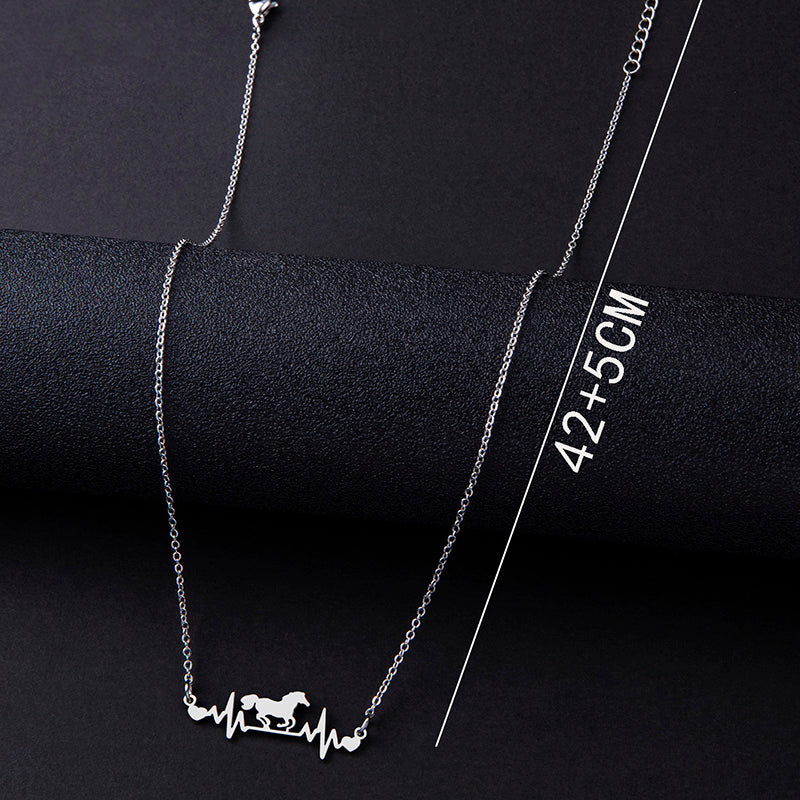 Stainless Steel ECG Heartbeat Running Horse Necklace