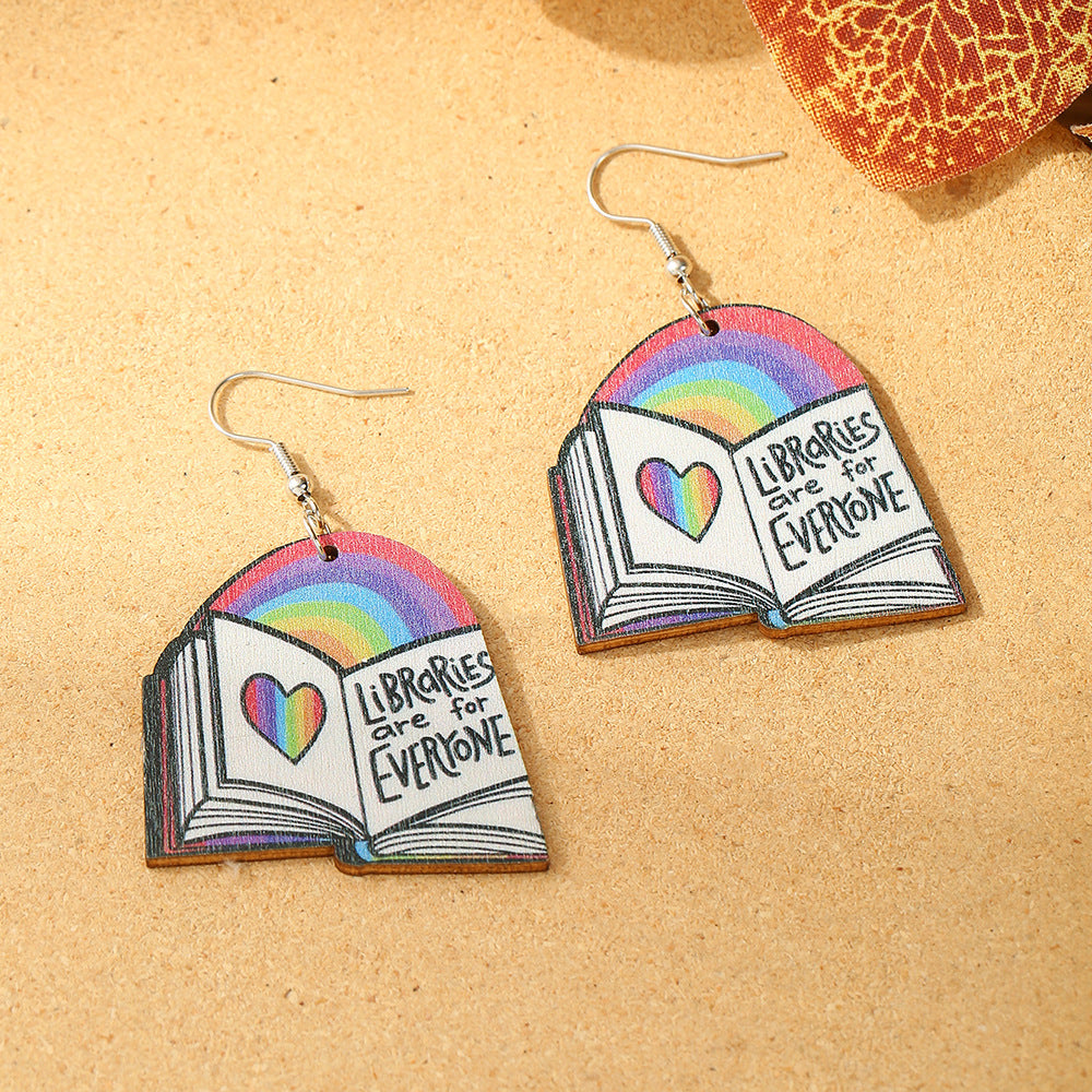 Geometric Rainbow Book Earrings Wooden For Women