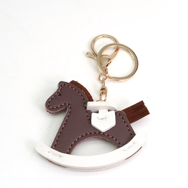 Leather Shake Small Wooden Horse Key Chain