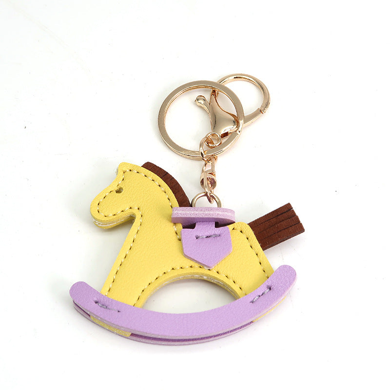 Leather Shake Small Wooden Horse Key Chain