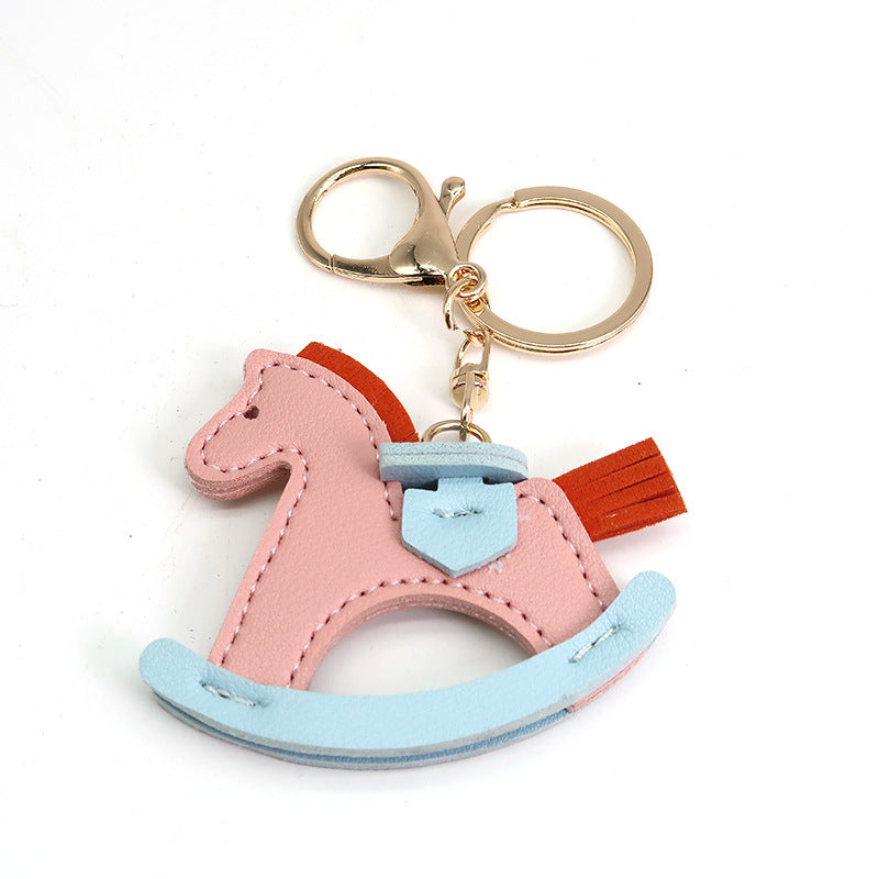 Leather Shake Small Wooden Horse Key Chain