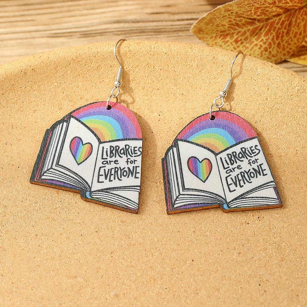 Geometric Rainbow Book Earrings Wooden For Women