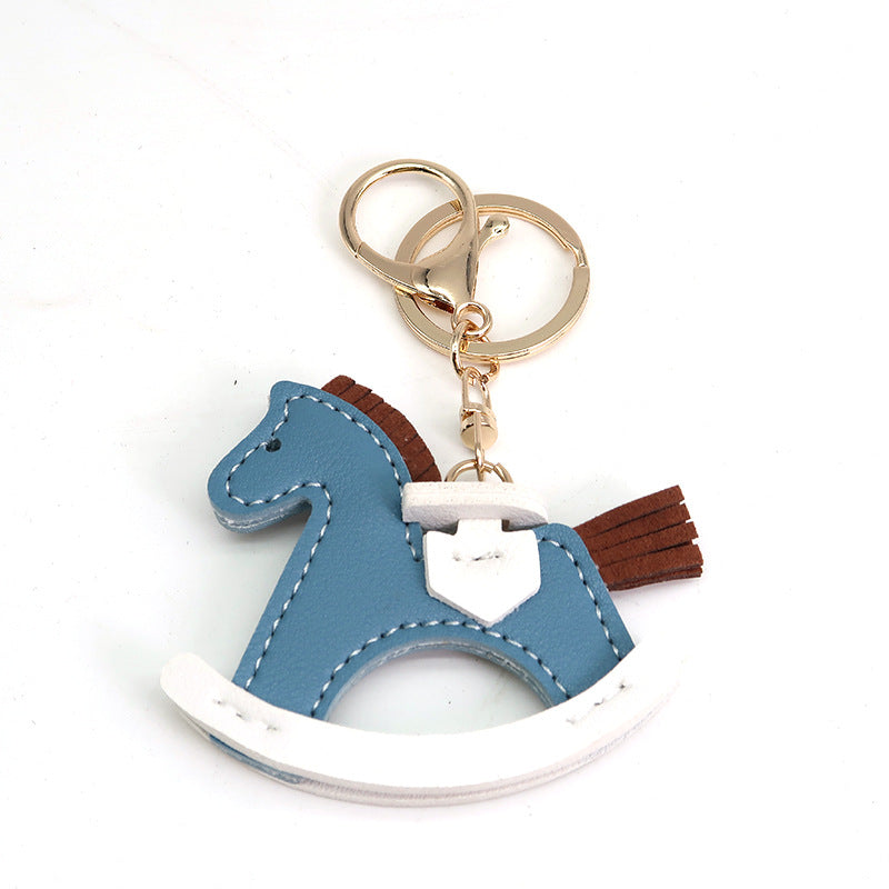 Leather Shake Small Wooden Horse Key Chain