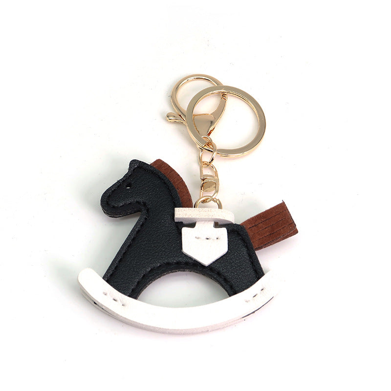 Leather Shake Small Wooden Horse Key Chain