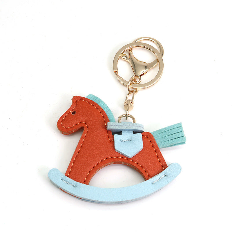 Leather Shake Small Wooden Horse Key Chain