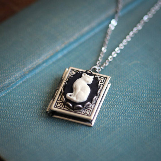 Embossed Cat Book Pendant Box Necklace