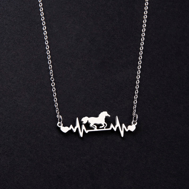 Stainless Steel ECG Heartbeat Running Horse Necklace