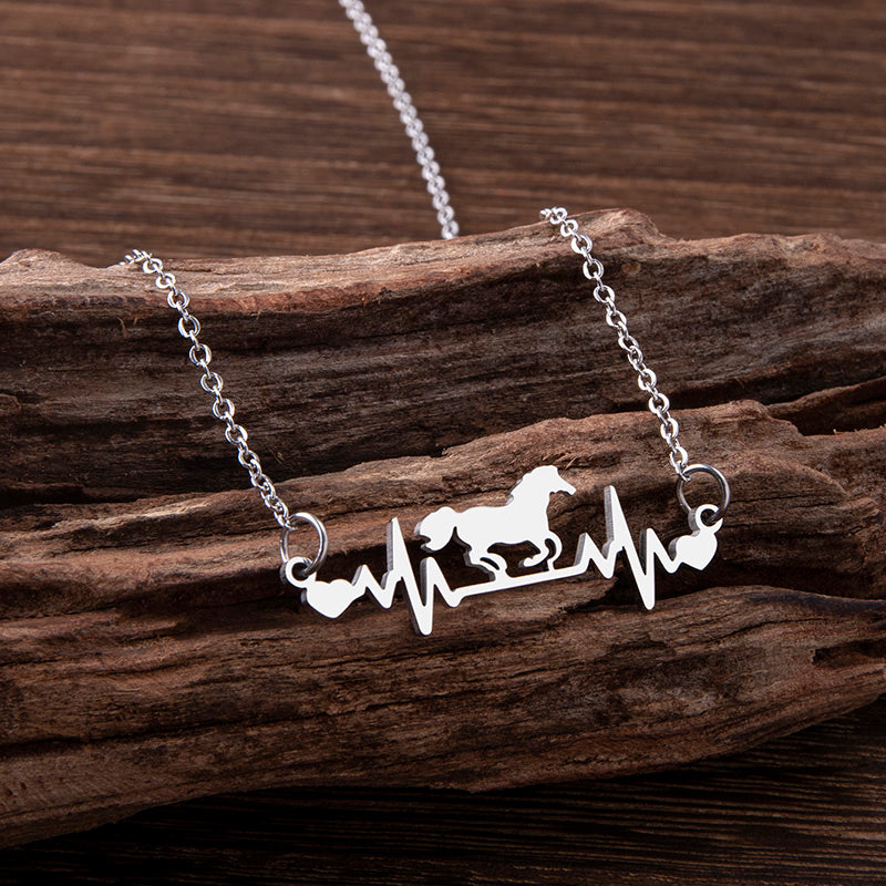 Stainless Steel ECG Heartbeat Running Horse Necklace